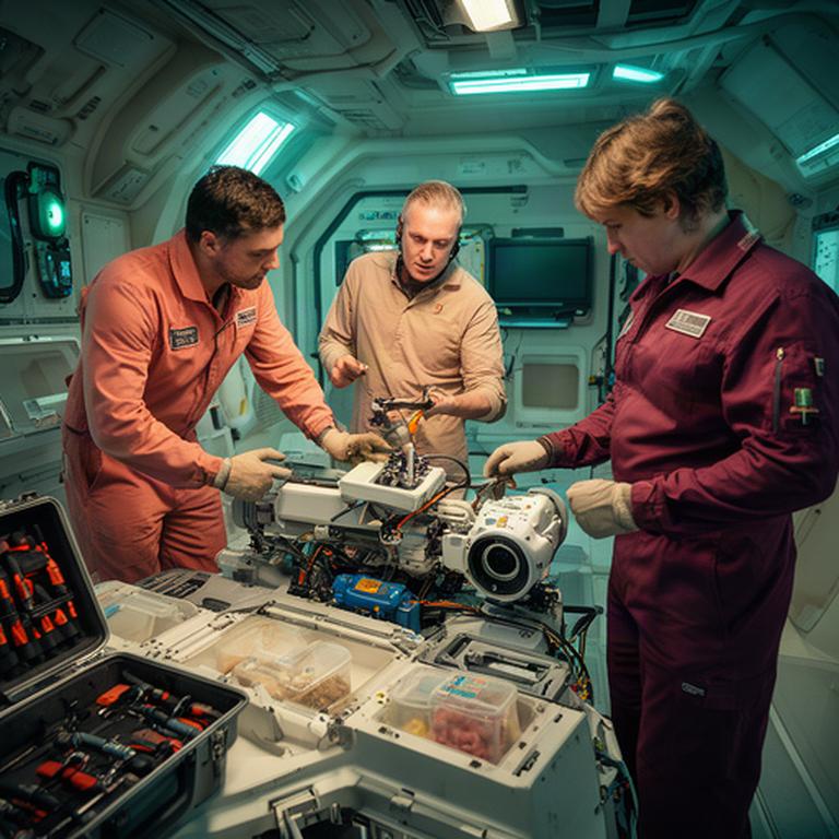 Istruttrice che guida operatori in una simulazione di manutenzione per ambienti extraterrestri