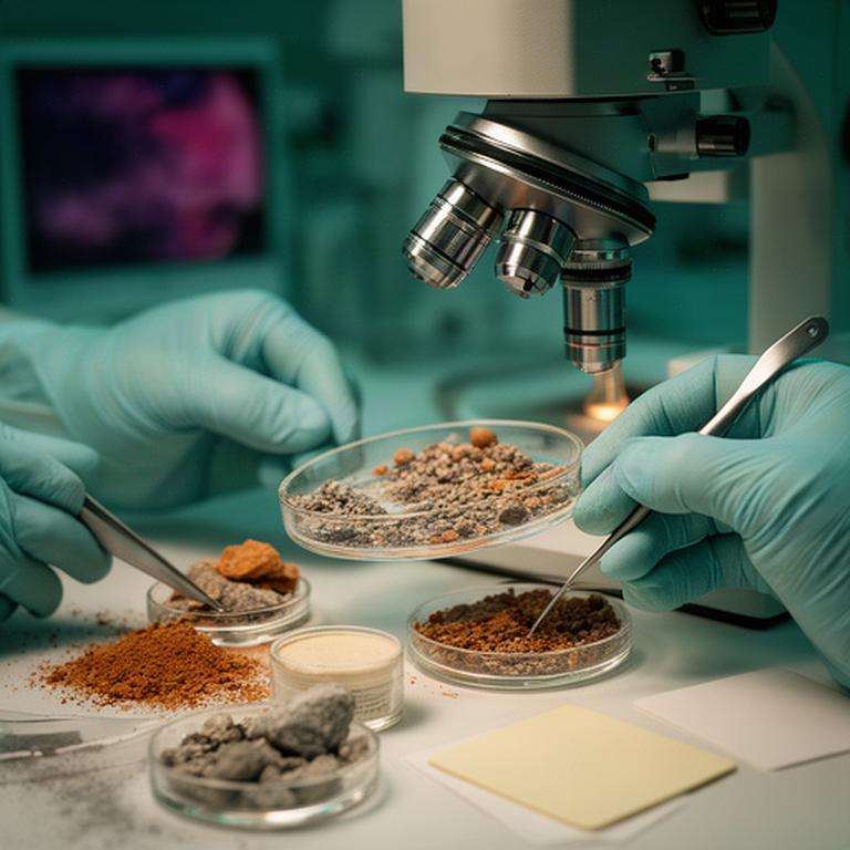 Campioni di suolo extraterrestre osservati al microscopio durante un'analisi ISRU
