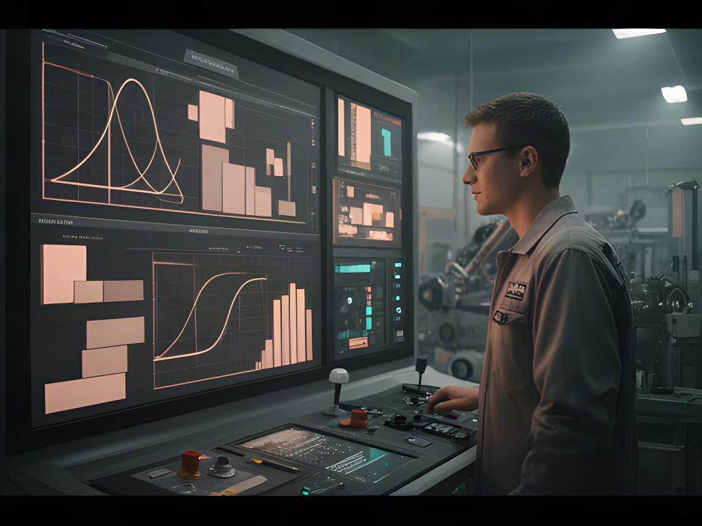 Tecnico che confronta dati di consumo e manutenzione su una parete di controllo del laboratorio