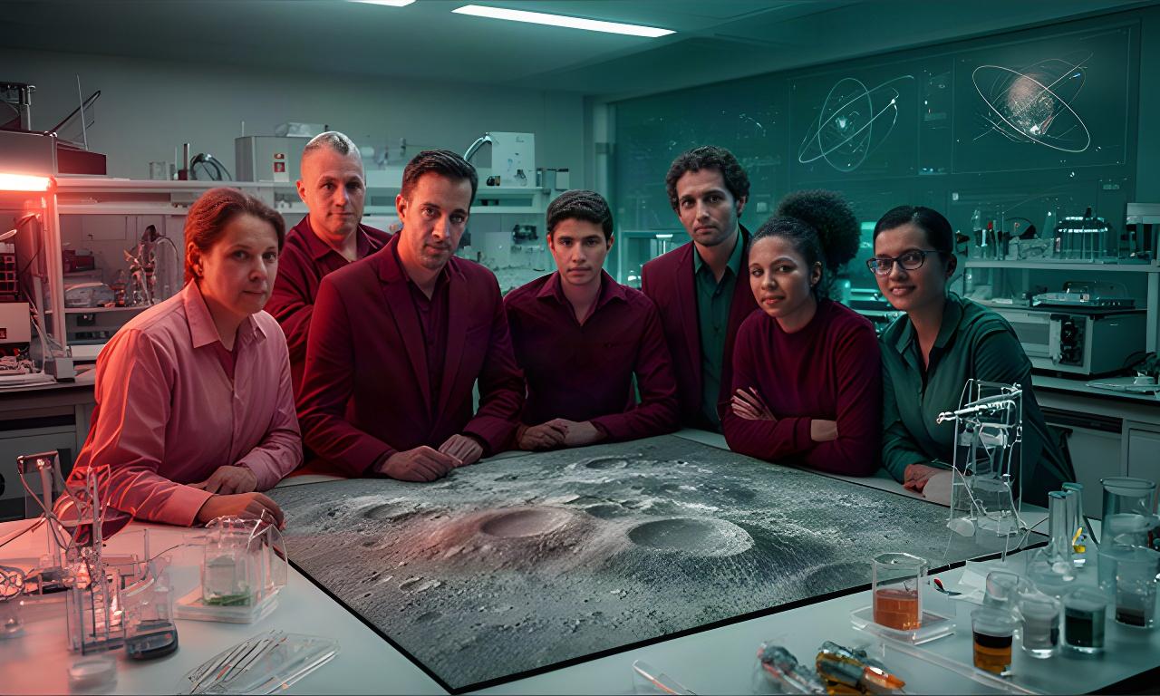 Team di scienziati e ingegneri riunito in un laboratorio di Montepulciano davanti a una mappa lunare
