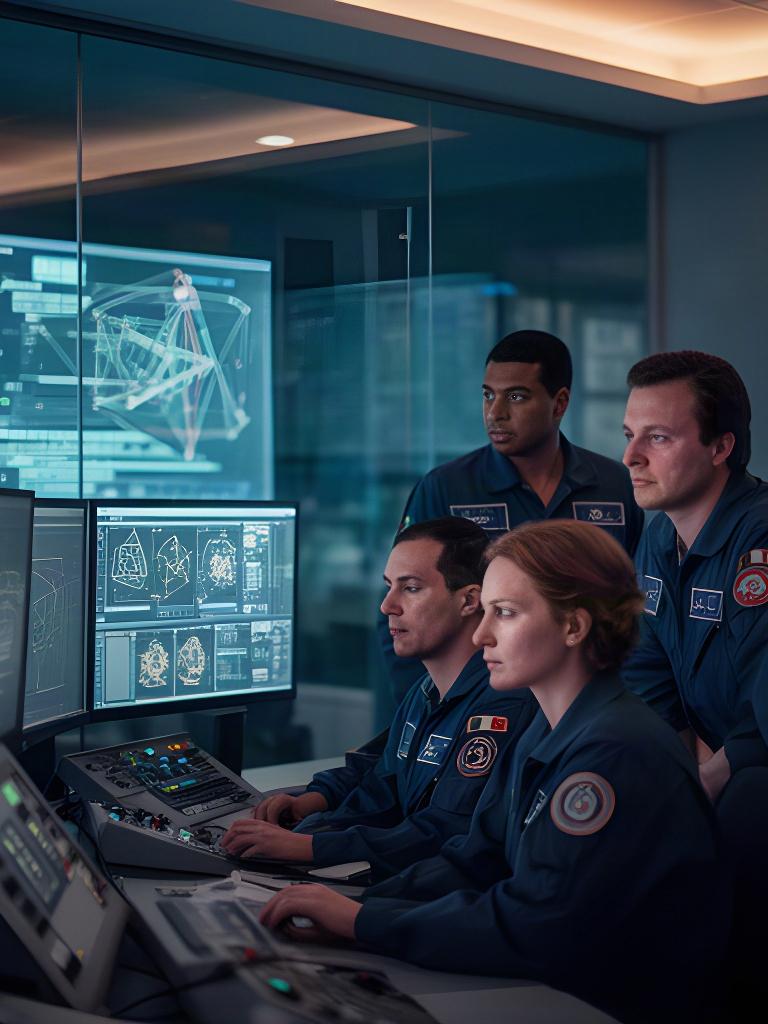 Tecnici italiani in un centro di controllo che seguono una simulazione di missione spaziale