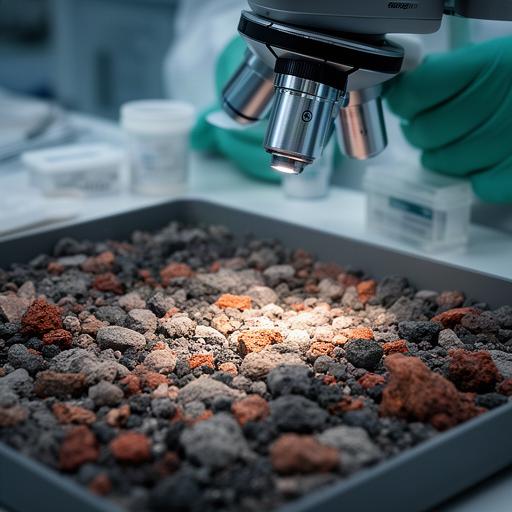 Campione di regolite osservato al microscopio in un laboratorio per materiali spaziali