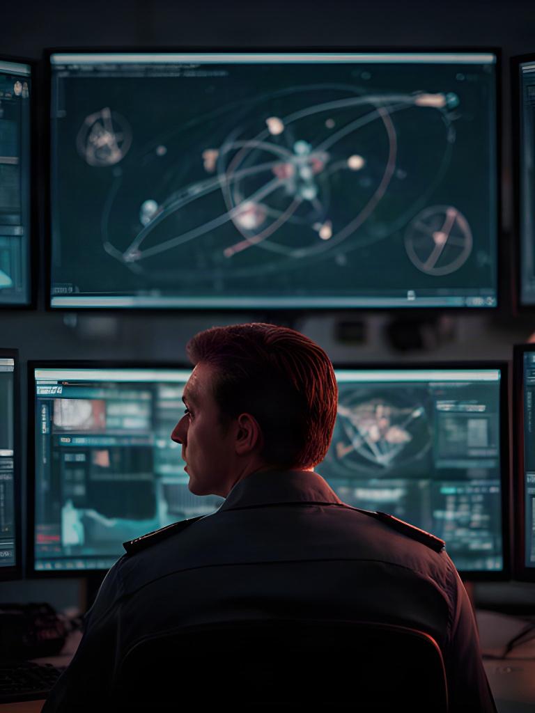 Operatore che controlla dati di missione su più monitor in una sala spaziale
