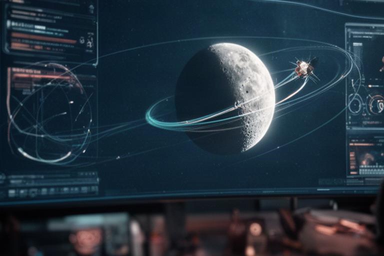Schermo con traiettoria di una sonda e informazioni su una missione di esplorazione lunare